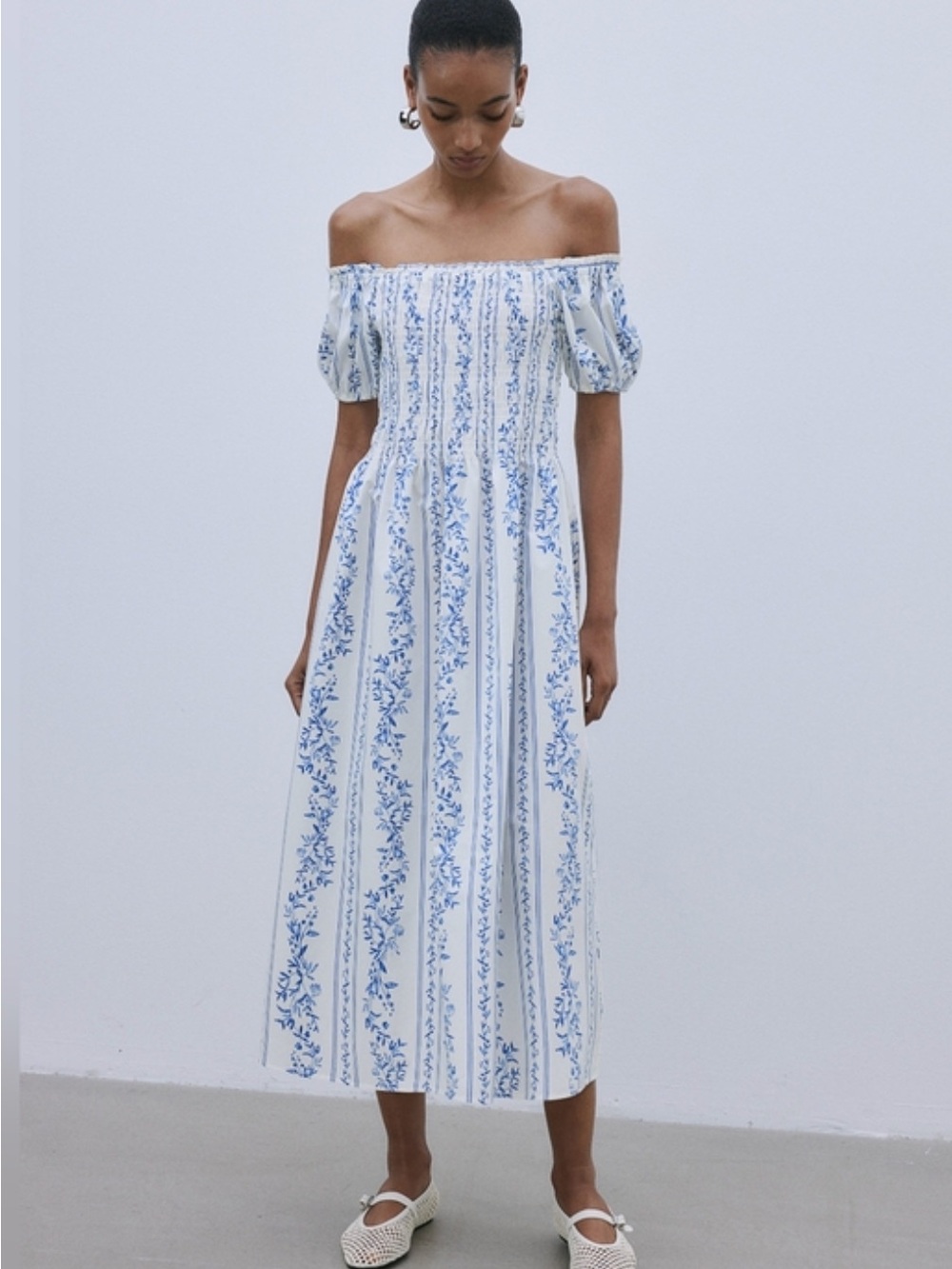 H&M Off-Shoulder Blue and White Floral Midi Dress